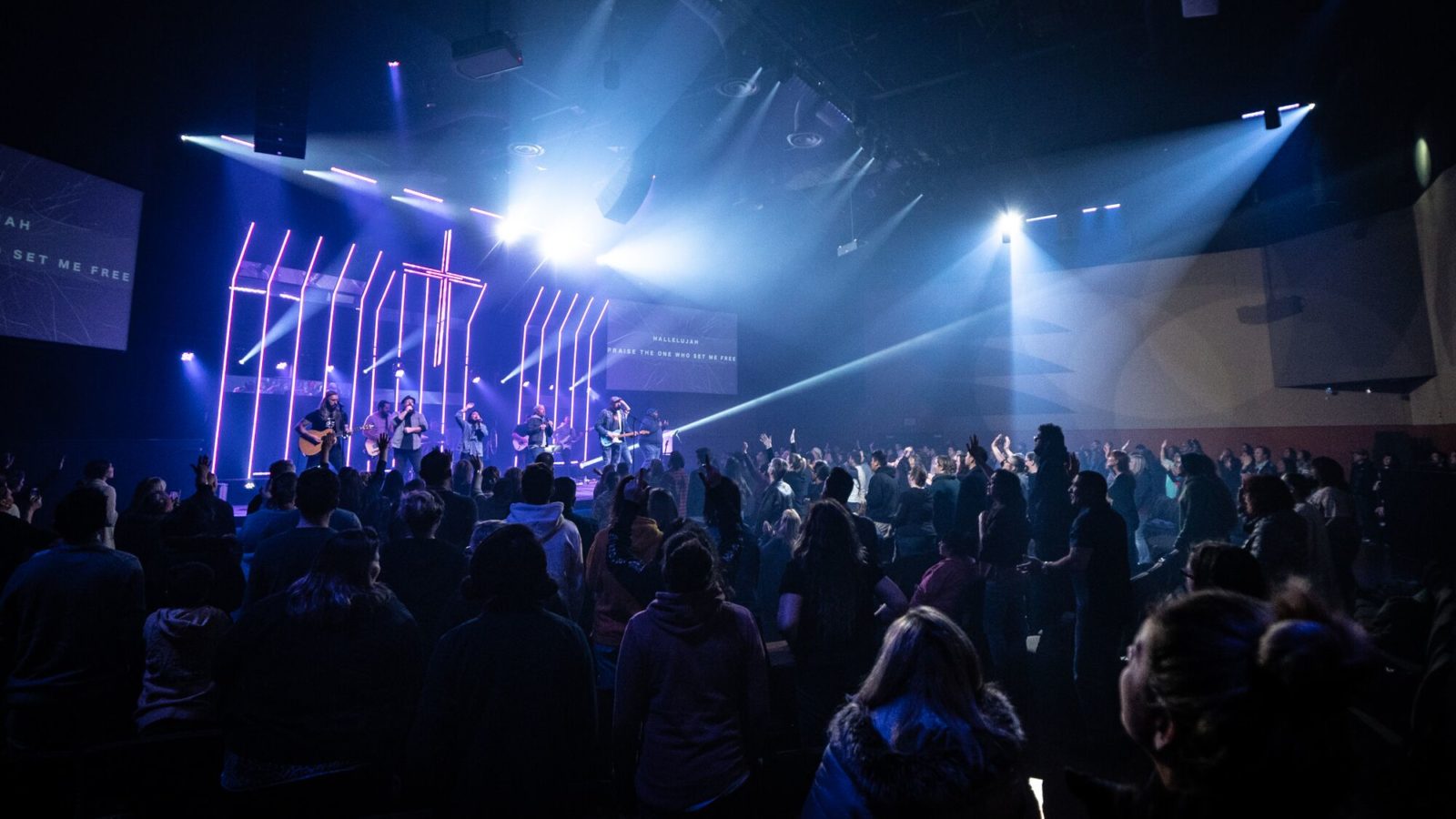 Worship service with band and congregation